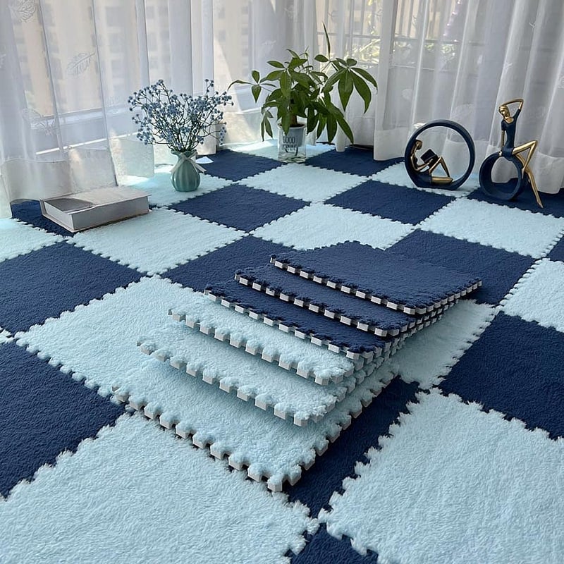 BXEBUI 12pcs Carpet Squares Puzzle Floor Mat, Plush Interlocking Carpet Tiles, Anti Slip EVA Foam Jigsaw Floor Tiles, Build A Safe Area for Bedroom Playroom (Blue+Nazy) - Image 2